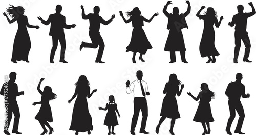 Dancing silhouettes, expressive poses, joyful movement, party celebration, adult and child figures, black and white illustration, social interaction, energetic dance, headphones, drinks, 