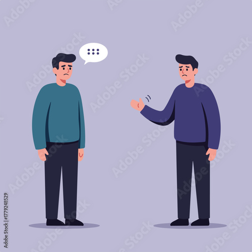 Illustration of two men in casual clothing, one speaking, with a speech bubble, and the other listening