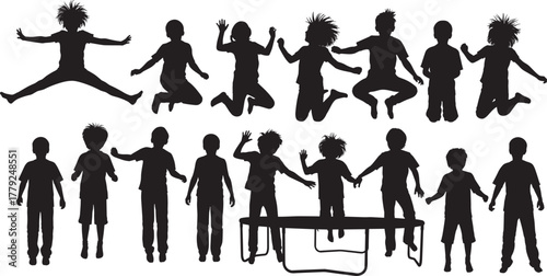 Children silhouettes, jumping poses, playful energy, social interaction, standing kids, black and white illustration, childhood movement, group activity, fun expression, bench scene, dynamic posture, 