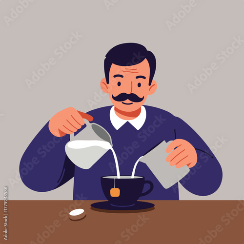 A man with a mustache pours milk from two pitchers into a teacup with a tea bag on a table