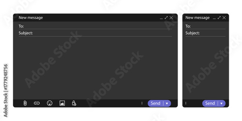Online mail interface window. Blank email message screen template with subject field and send button. Modern flat ui layout for website or app. Vector concept of internet communication design