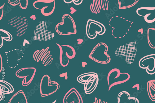 A seamless pattern of hand-drawn pink hearts. A festive background texture for Valentine's Day or a romantic wedding design. Vector