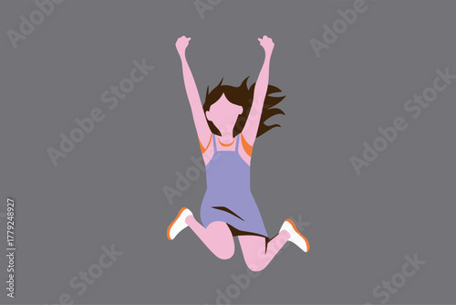 Young Woman Celebrating with Arms Raised in Joyful Leap