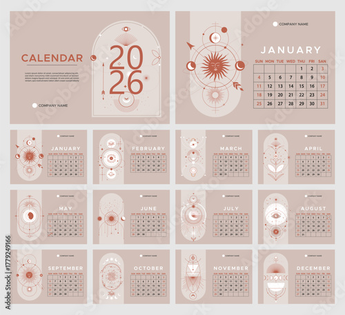 12-month calendar for 2026. Set of 12 months with celestial elements of all-seeing eye, sun, moon on a beige background. 
