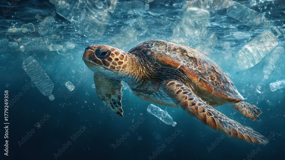 Obraz premium Ocean Garbage Patch. Pollution Save Concept, Sea Turtle in Plastic-Infested Ocean