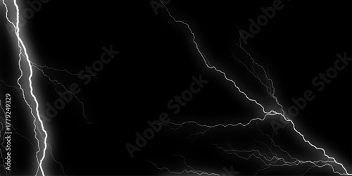 Massive lightning bolt with branches isolated on black background. Branched lightning bolt. Electric bolt. Dramatic lightning strikes illuminate dark sky raw power of nature electric .