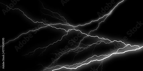 Massive lightning bolt with branches isolated on black background. Branched lightning bolt. Electric bolt. Dramatic lightning strikes illuminate dark sky raw power of nature electric .