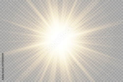 Sun flare  with shining rays and glowing light burst. Transparent background realistic sunlight effect, bright lens glow for sky or warm day vector.