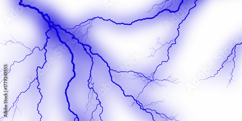 Blue background texture from marble stone texture for design. Natural cracks background. Massive lightning bolt with branches isolated on white background. Branched lightning bolt. Electric bolt.