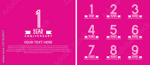 logo anniversary set. white color with white ribbon on pink background for special event