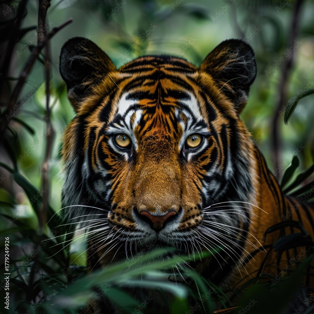 Obraz premium A close-up of a tiger's face, in the dense juicy foliage of a tree and looking at the camera with a serious expression on his face.