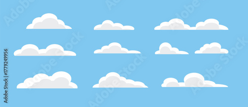 Flat Design collection of various white fluffy clouds. This diverse set of stylized clouds is floating against a vibrant blue sky. Ideal for representing weather forecasts digital data storage 