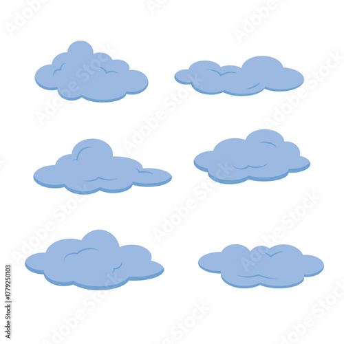 Flat Design Collection of Six Blue and Gray Stylized Cartoon Clouds Isolated on a White Background. The Various Shapes Represent Overcast Weather Rain or Digital Cloud Computing and Storage Concepts.