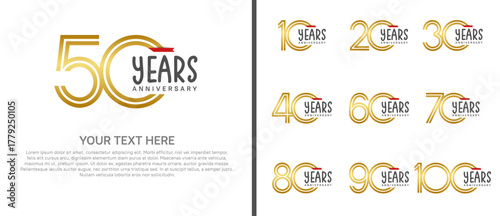 anniversary logo set with red ribbon. golden number on white background for celebration moment