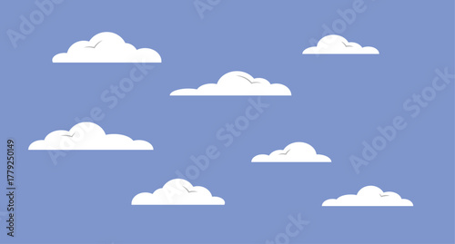 Flat Design Bright Blue Sky Background with Multiple Simple White Fluffy Clouds Floating Across the Expanse. set of the clouds