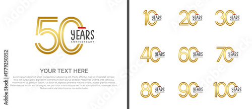 anniversary logo set with red ribbon. golden number on white background for celebration moment