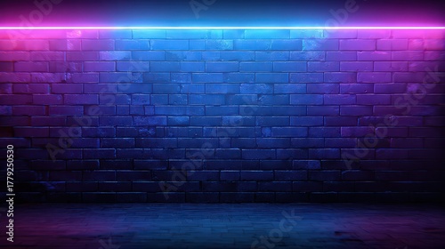 Illuminated brick wall with neon light reflections creating a vibrant urban background in blue and purple hues