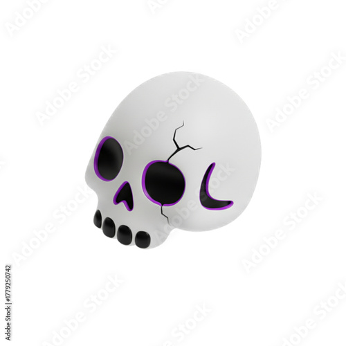 Stylized Skull Illustration with Purple Accents and Crack Detail