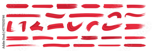 Collection of red brush strokes and paint splatters isolated on a white background