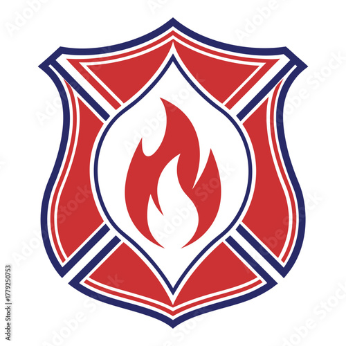 Firefighter shield emblem featuring a central flame icon.