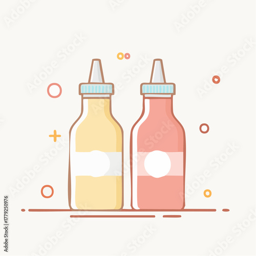 Two condiment squeeze bottles one yellow mustard and one red ketchup with blank labels and a light background with small decorative elements