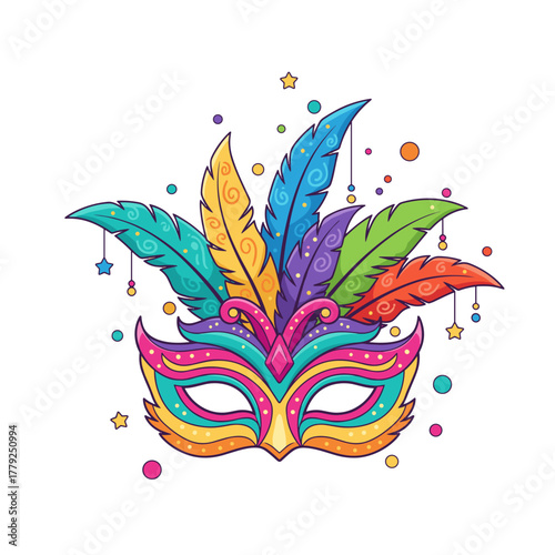 A Colorful Venetian Masquerade Mask Adorned with Vibrant Feathers and Confetti on a Black Background Representing Celebration and Mystery