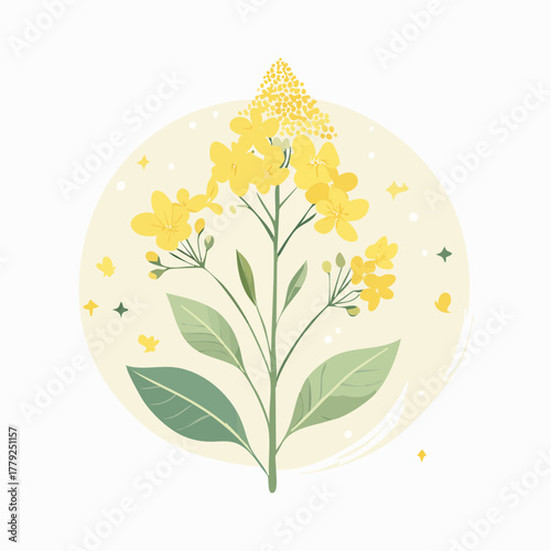 Delicate Yellow Rapeseed Flower Stem with Green Leaves Set Against a Soft Yellow Circular Background with Subtle Sparkles