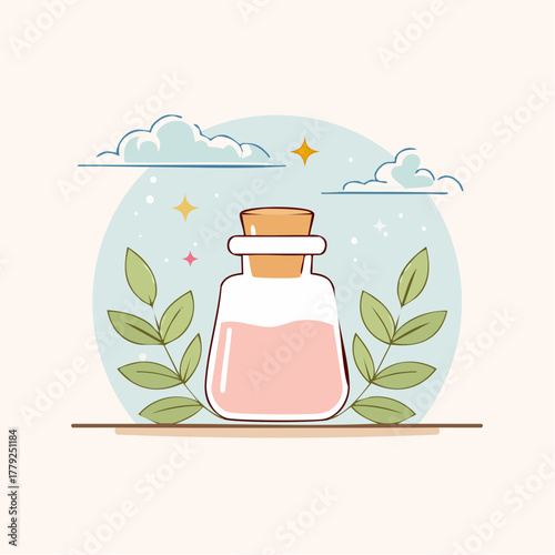 Pink Liquid Potion Bottle With Cork Stopper And Green Leaves On A Light Blue Sky Background With Stars And Clouds In A Whimsical Style