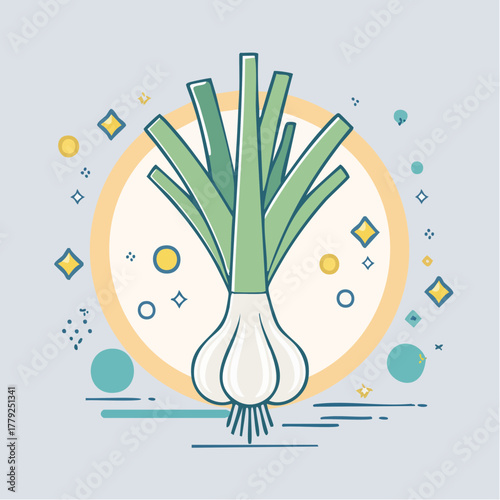 Green Leek Vegetable With White Bulb Set Inside A Circle With Small Decorative Shapes And Lines On A Light Blue Background