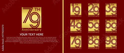 anniversary logo set with square. gold color on red background for celebration moment