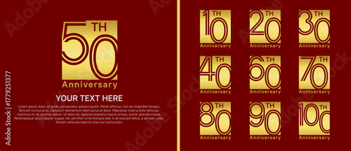 anniversary logo set with square. gold color on red background for celebration moment