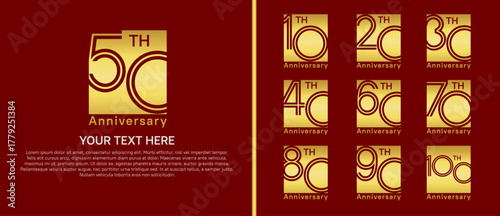 anniversary logo set with square. gold color on red background for celebration moment