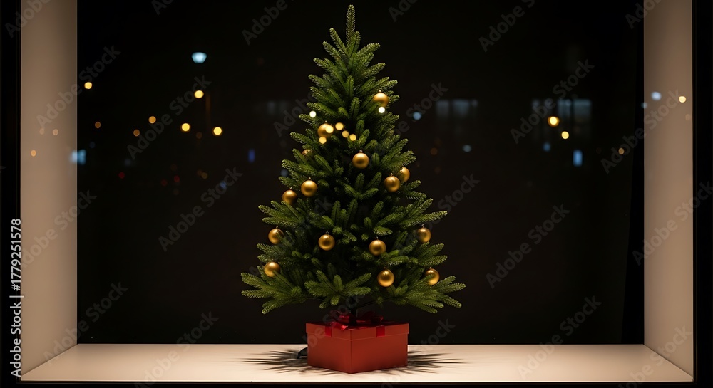 Fototapeta premium A decorated Christmas tree stands on a shelf in a dimly lit room