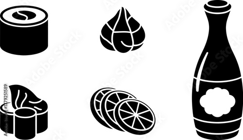 Simple black and white icons representing Japanese cuisine and drinks, perfect for culinary themes.
