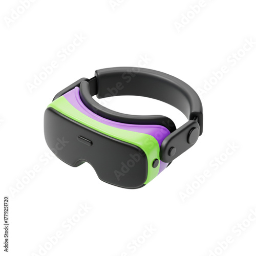 Immersive Virtual Reality Headset with Purple and Green Accents for Futuristic Gaming and Entertainment Experiences