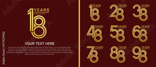 anniversary logo set multiple line style. gold color on red background for celebration moment