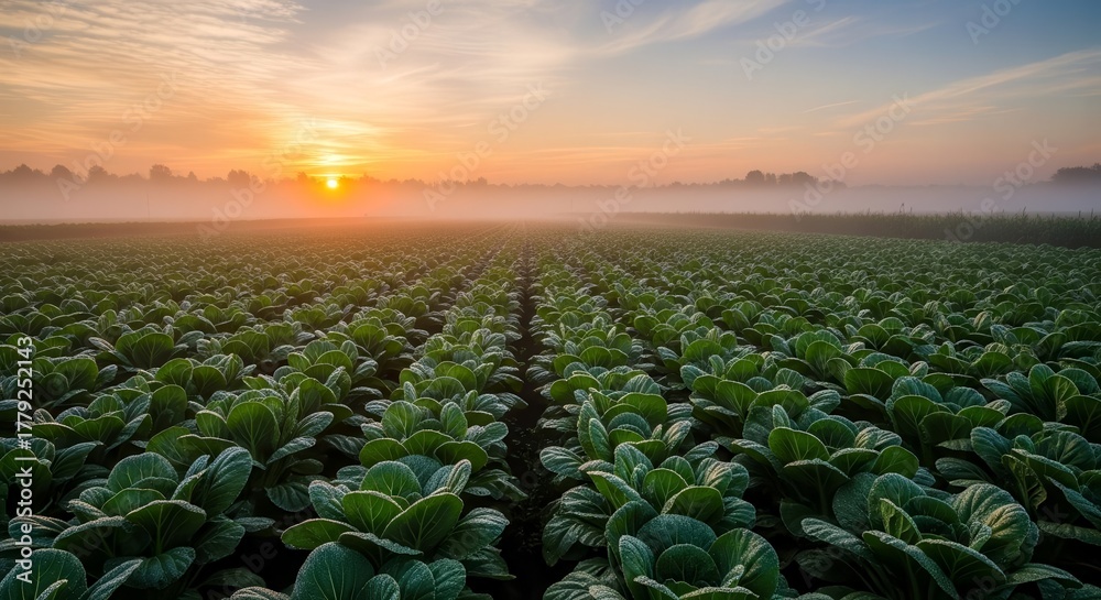 Fototapeta premium Vibrant Morning Sunrise Over Lush Green Agricultural Field With Rows of Cabbage Plants