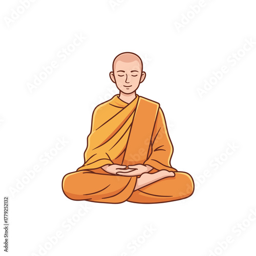 Bald Monk in Orange Robe Sitting in Lotus Position Meditating with Eyes Closed on White Background Flat Design