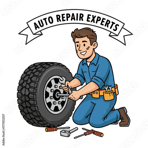 Auto Repair Expert Mechanic Man Kneeling Tightening Lug Nuts on Car Tire With Wrench and Tool Belt Wearing Blue Overalls Smiling on Black Background Flat Vector Design
