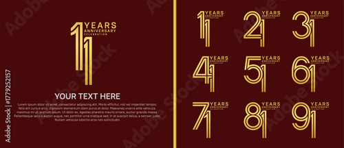 anniversary logo set multiple line style. gold color on red background for celebration moment