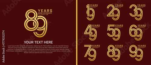 anniversary logo set multiple line style. gold color on red background for celebration moment