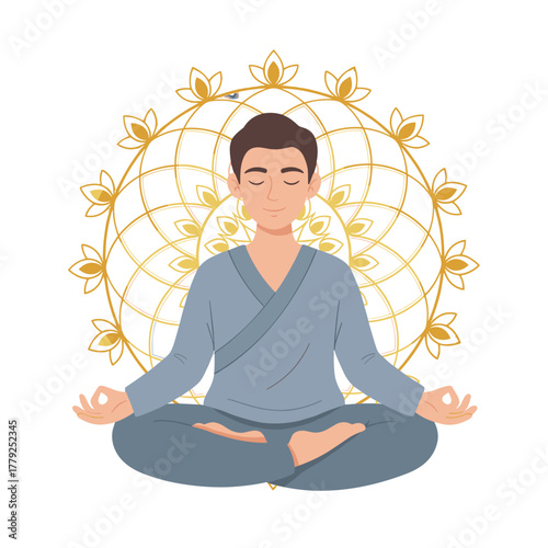 A Calm Man Meditating in Lotus Pose With Eyes Closed Wearing Blue Traditional Clothing In Front Of A Golden Mandala Pattern On A White Background