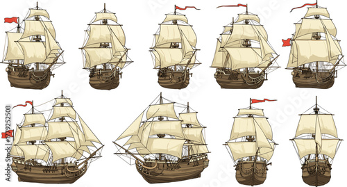 Cartoon sailing ship set with multiple masts, sails, and angles, vector illustration for naval history and maritime architecture concept