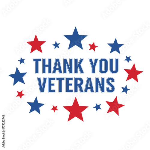 Thank You Veterans text surrounded by red and blue stars, isolate