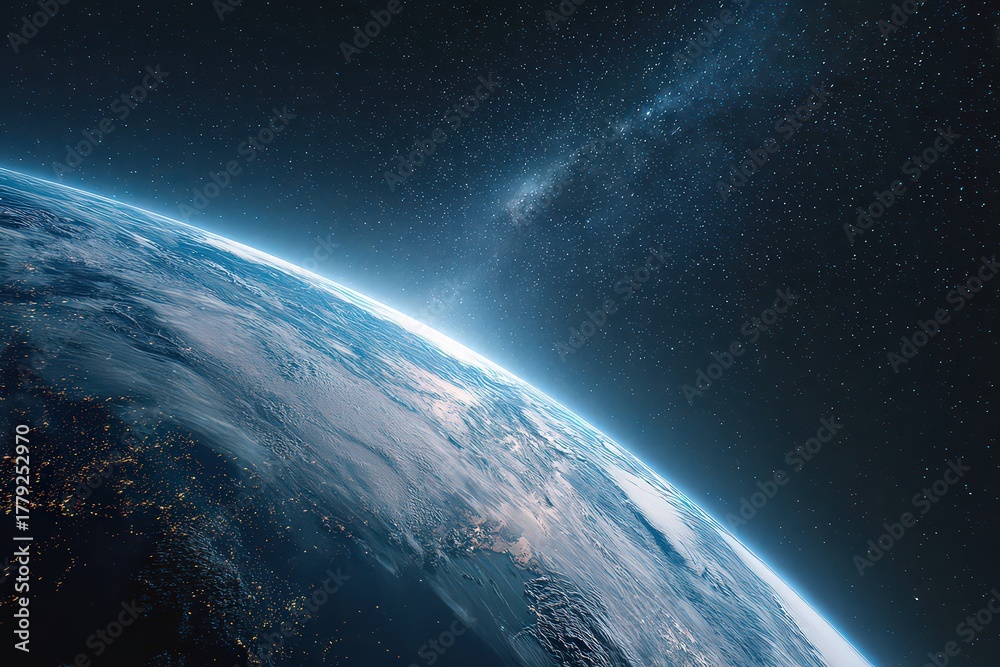 Fototapeta premium Glowing Digital Earth in Deep Space with Stars Abstract Network of Connected Data Points Representing Global Communication and Technology Illustration