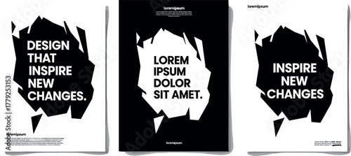 Modern abstract graphic design posters with torn paper effect for impactful communication. A minimalist black and white collection for creative branding and advertising
