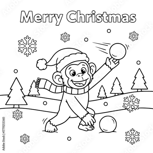 Chimpanzee throwing snowball with “Merry Christmas,” coloring book page for toddlers Generative AI