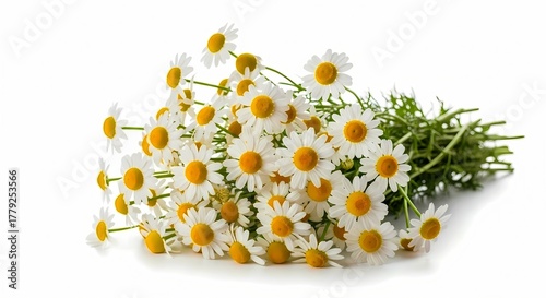 A fresh bundle of chamomile flowers with yellow centers and white petals, isolated on a white background.