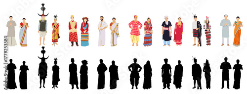 Indian people wearing traditional attire with silhouette vector illustration.