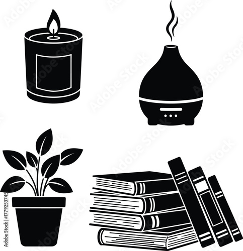 Black silhouette vector set of home essentials for comfort and wellness, including a burning candle, aroma diffuser, indoor potted plant, and a stack of books.